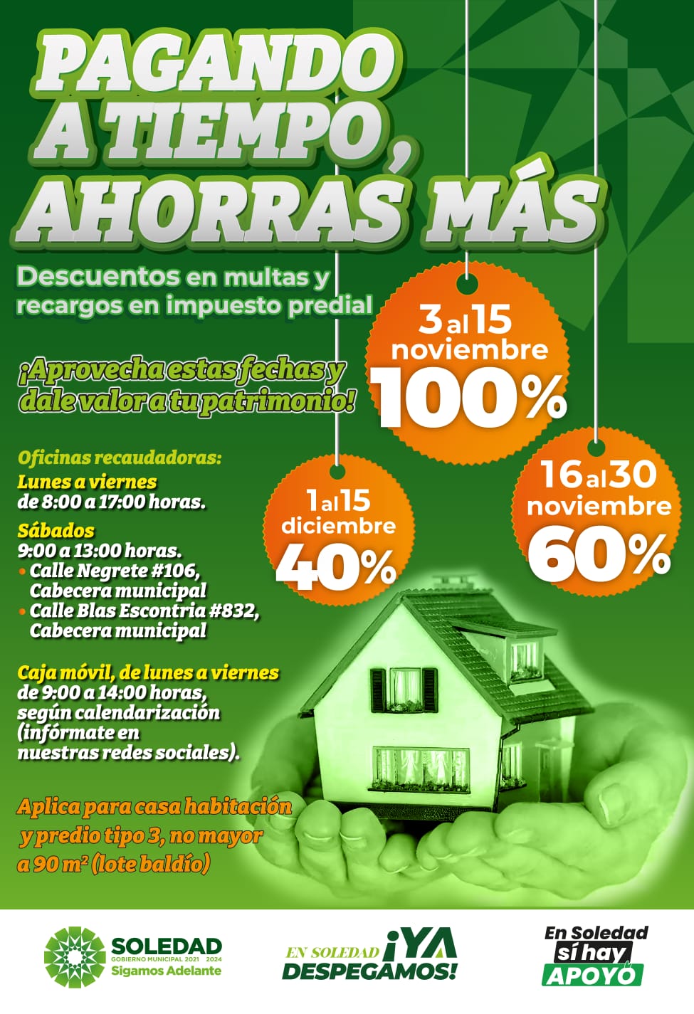 AYUNTAMIENTO SOLEDENSE ANUNCIA PROGRAMA DE DESCUENTOS EN RECARGOS POR IMPUESTO&nbsp;PREDIAL