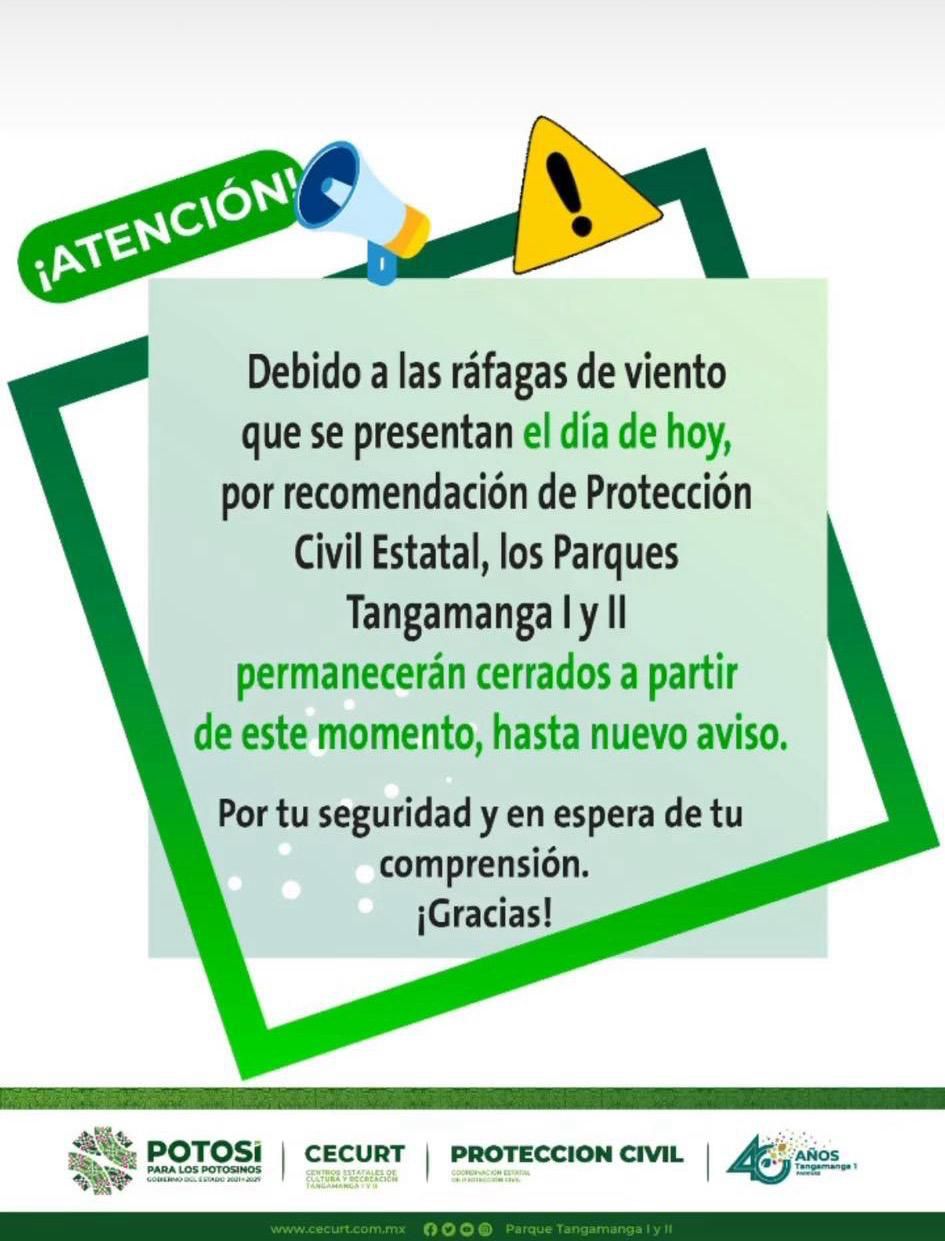 POR RÁFAGAS DE VIENTO, GOBIERNO CIERRA PARQUES&nbsp;TANGAMANGA