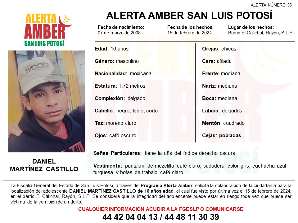 FISCALÍA POTOSINA ACTIVA FICHA DE ALERTA AMBER PARA LOCALIZAR A UN ADOLESCENTE EN&nbsp;RAYÓN