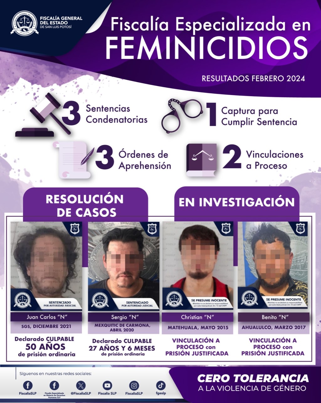 FGESLP LOGRA TRES SENTENCIAS CONDENATORIAS, DOS VINCULACIONES A PROCESO Y TRES ÓRDENES DE APREHENSIÓN CONTRA&nbsp;FEMINICIDAS