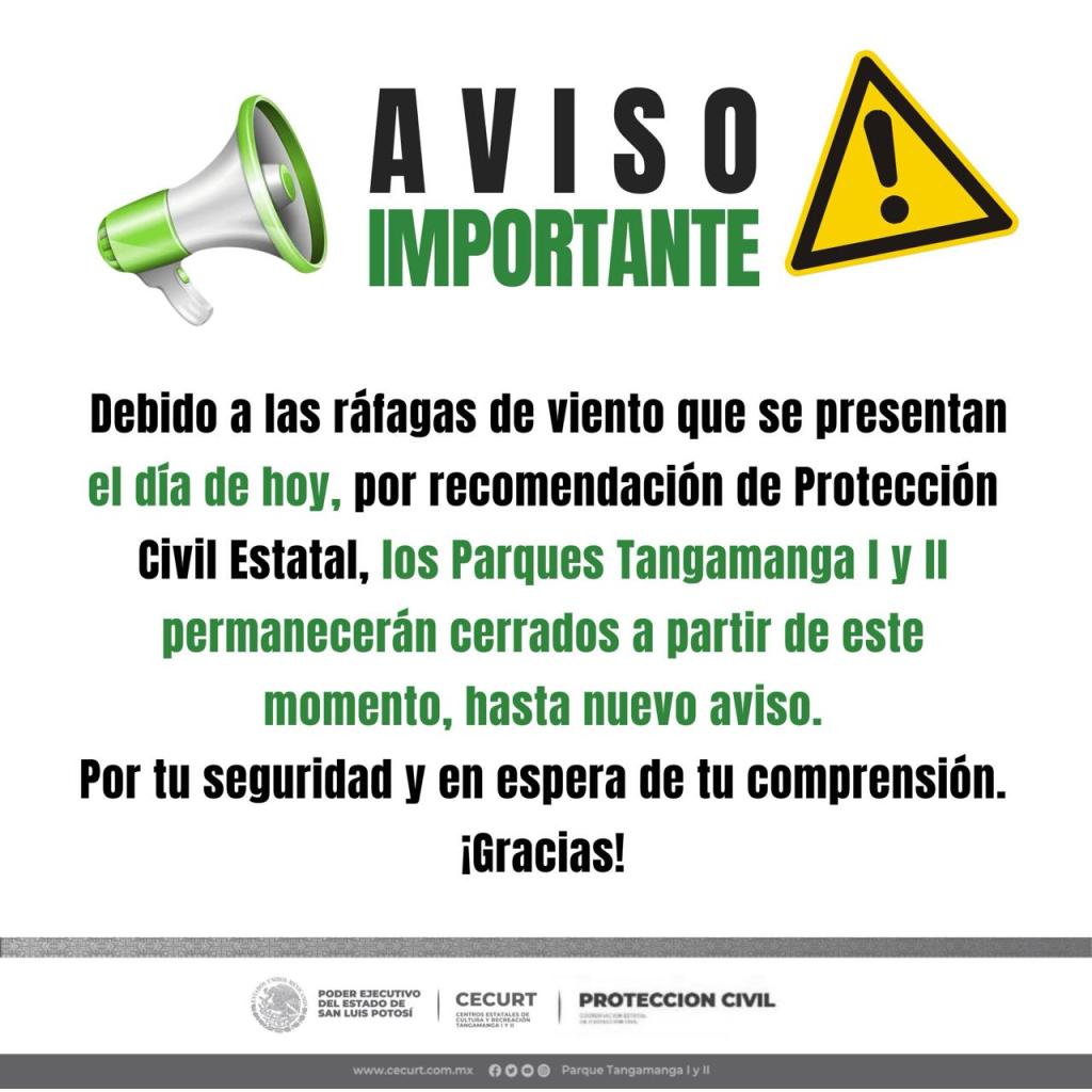 PARQUES TANGAMANGA PERMANECEN CERRADOS POR FUERTES&nbsp;VIENTOS