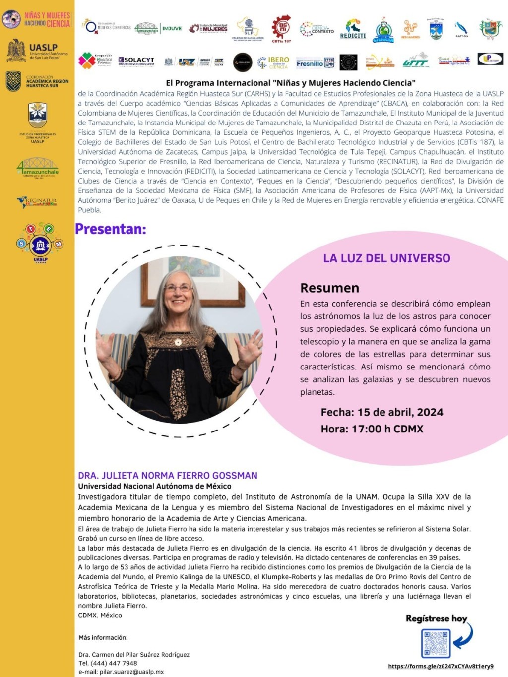 Se invita a conferencia virtual “La luz del Universo” de la doctora Julieta Fierro, que impartirá en campus Tamazunchale de la&nbsp;UASLP
