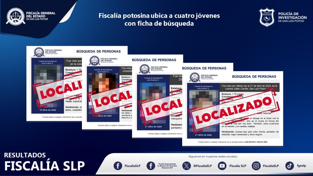 FISCALÍA POTOSINA UBICA A CUATRO JÓVENES QUE CONTABAN CON FICHA DE BÚSQUEDA EN LA&nbsp;ENTIDAD