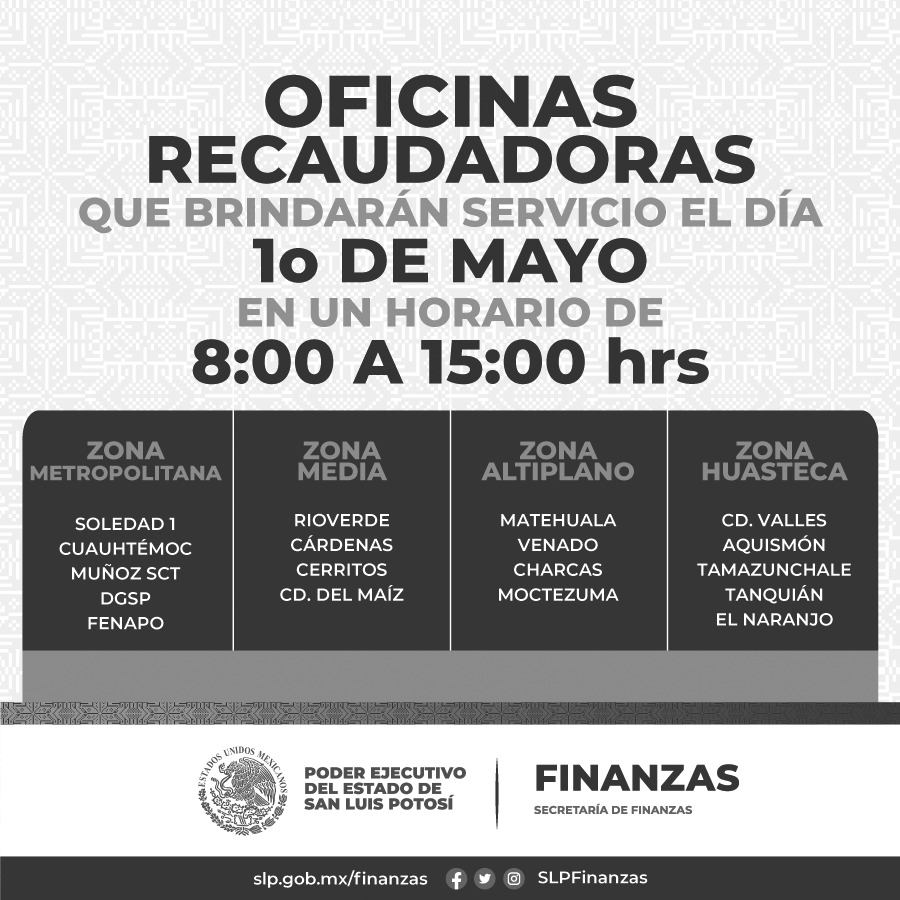 OFICINAS RECAUDADORAS BRINDARÁN SERVICIO EL PRIMERO DE&nbsp;MAYO