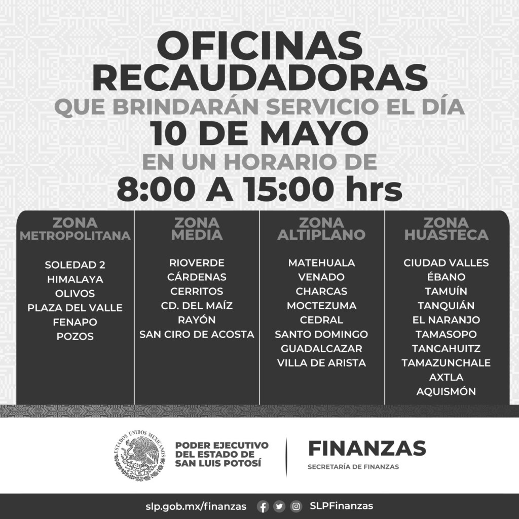BRINDARÁN ATENCIÓN OFICINAS ESTATALES Y RECAUDADORAS ESTE 10 DE&nbsp;MAYO