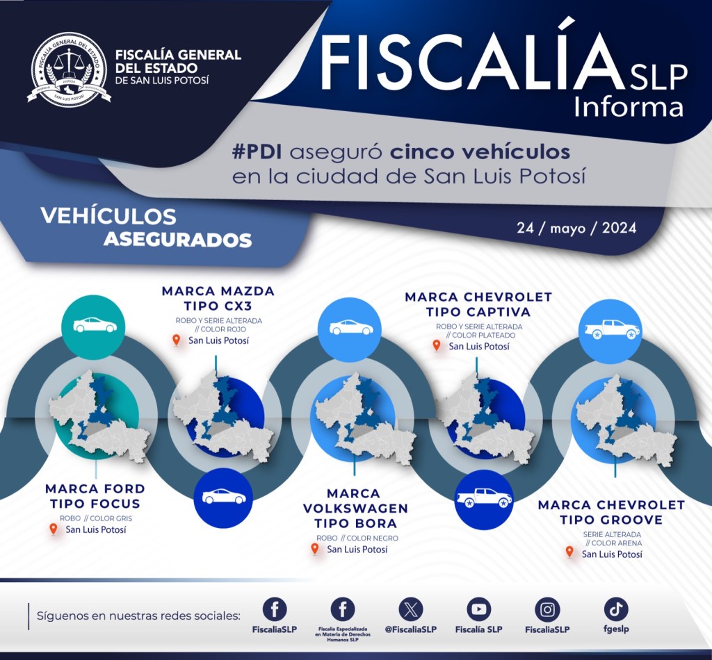 POLICÍAS INVESTIGADORES DE SLP ASEGURARON CINCO VEHÍCULOS&nbsp;ROBADOS