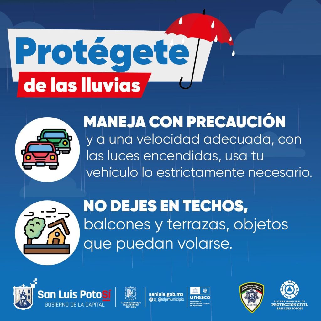 Protección Civil Municipal emite recomendaciones de seguridad ante pronóstico de lluvia en la Capital potosina por Tormenta Tropical&nbsp;Alberto