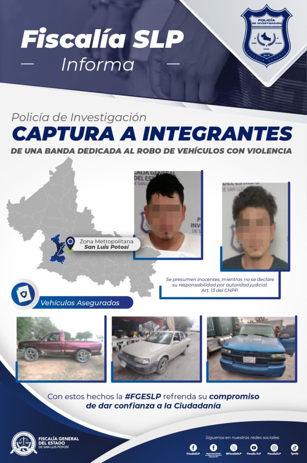 FISCALÍA DE SLP DESARTICULA BANDA DEDICADA AL ROBO DE VEHÍCULOS CON VIOLENCIA EN&nbsp;SLP
