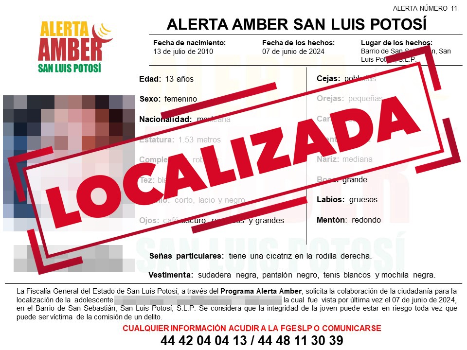INFORMA FISCALÍA LOCALIZACIÓN DE UNA ADOLESCENTE DE 13 AÑOS BUSCADA EN LA CAPITAL&nbsp;POTOSINA
