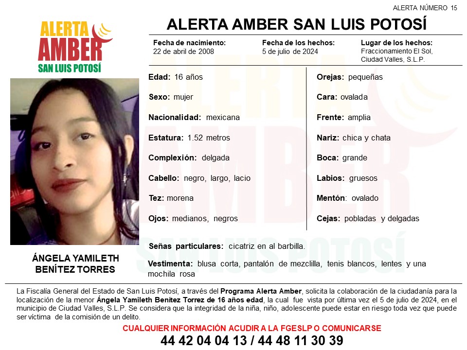 FISCALÍA ACTIVA ALERTA AMBER PARA LOCALIZAR A UNA ADOLESCENTE EN&nbsp;SLP