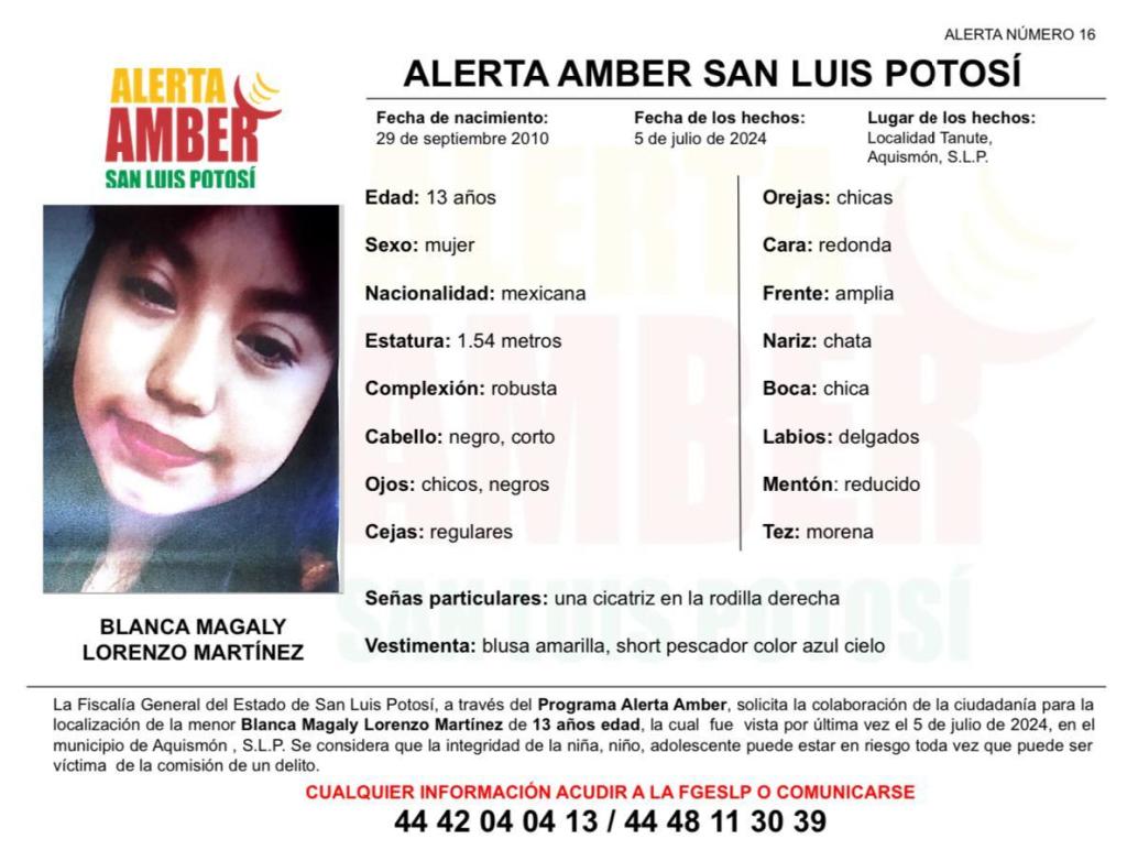 FISCALÍA ACTIVA ALERTA AMBER PARA LOCALIZAR A UNA ADOLESCENTE EN AQUISMÓN,&nbsp;SLP