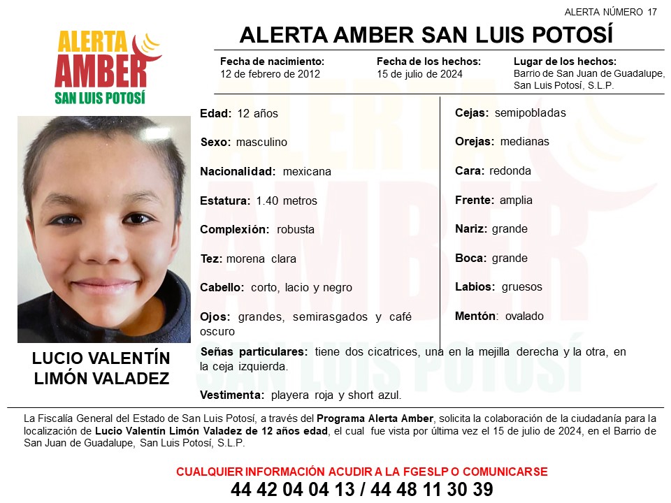 FISCALÍA ACTIVA ALERTA AMBER PARA LOCALIZAR A NIÑO DE 12 AÑOS EN LA CAPITAL DEL&nbsp;SLP