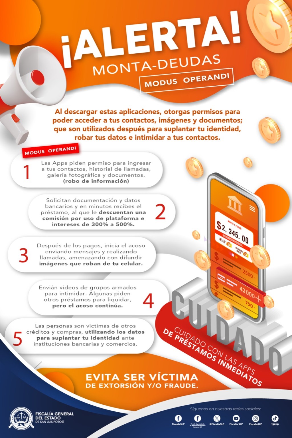 FGESLP EXHORTA A LA CIUDADANÍA A DENUNCIAR FRAUDES EN APPS&nbsp;“MONTADEUDAS”