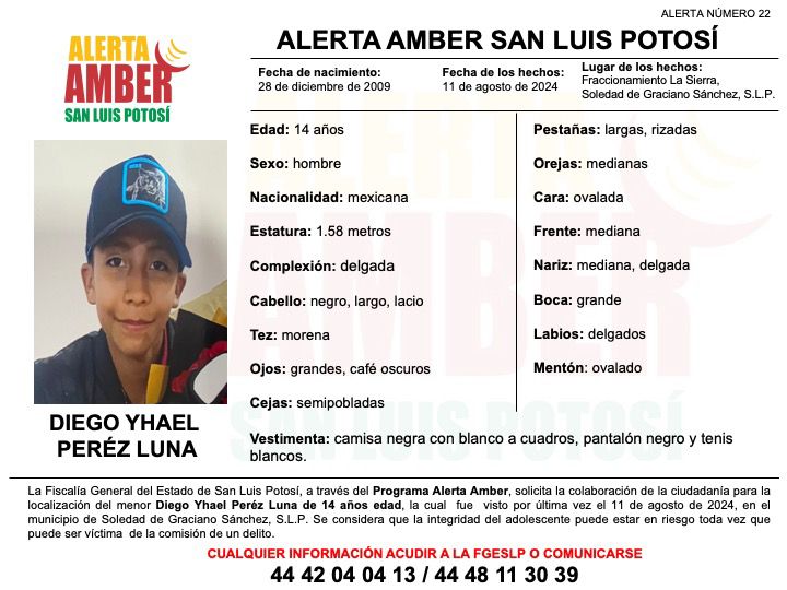 FISCALÍA POTOSINA ACTIVA ALERTA AMBER PARA LA LOCALIZACIÓN DE UN ADOLESCENTE EN SOLEDAD DE GRACIANO&nbsp;SÁNCHEZ