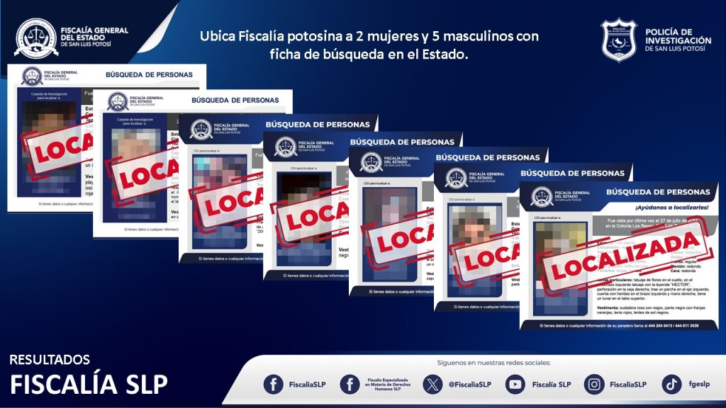 FGESLP UBICA A 2 FEMENINAS Y 5 MASCULINOS CON FICHA DE BÚSQUEDA EN EL&nbsp;ESTADO