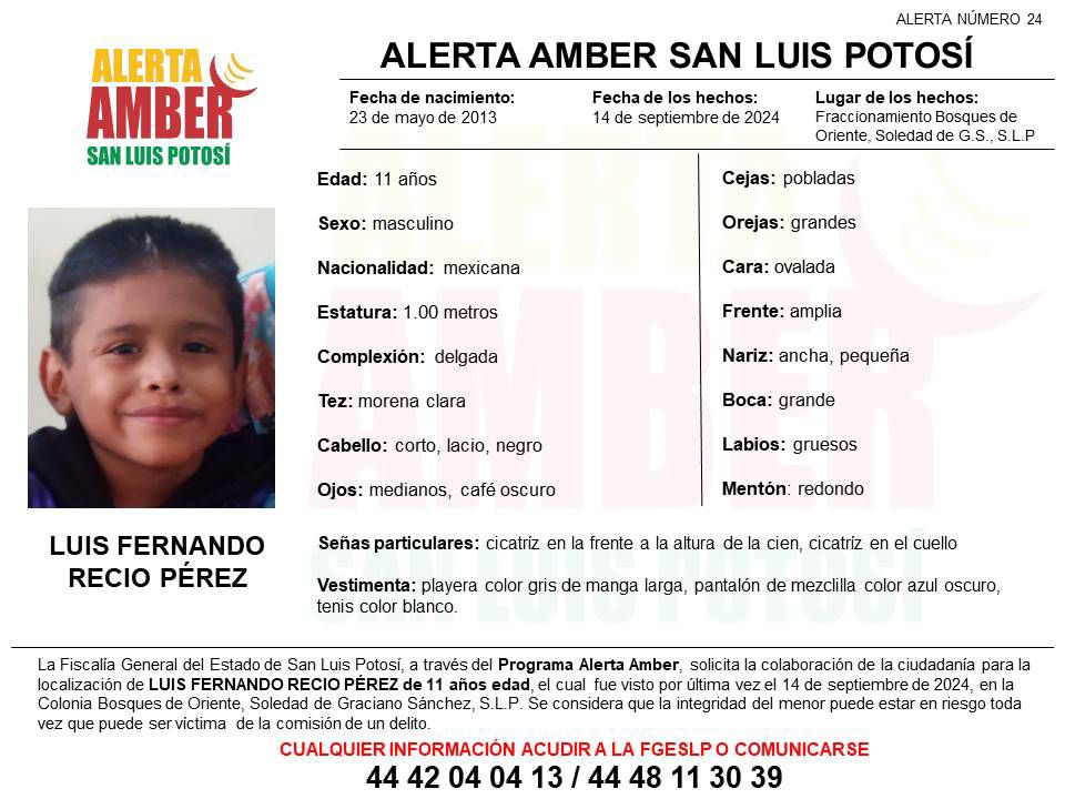 FISCALÍA ESTATAL ACTIVA ALERTA AMBER PARA LOCALIZAR A NIÑO DE 11 AÑOS EN&nbsp;SGS