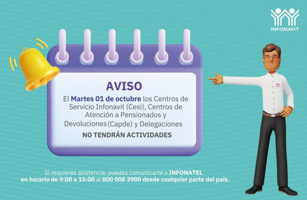 CENTROS DE SERVICIO INFONAVIT PERMANECERÁN CERRADOS EL 1 DE&nbsp;OCTUBRE