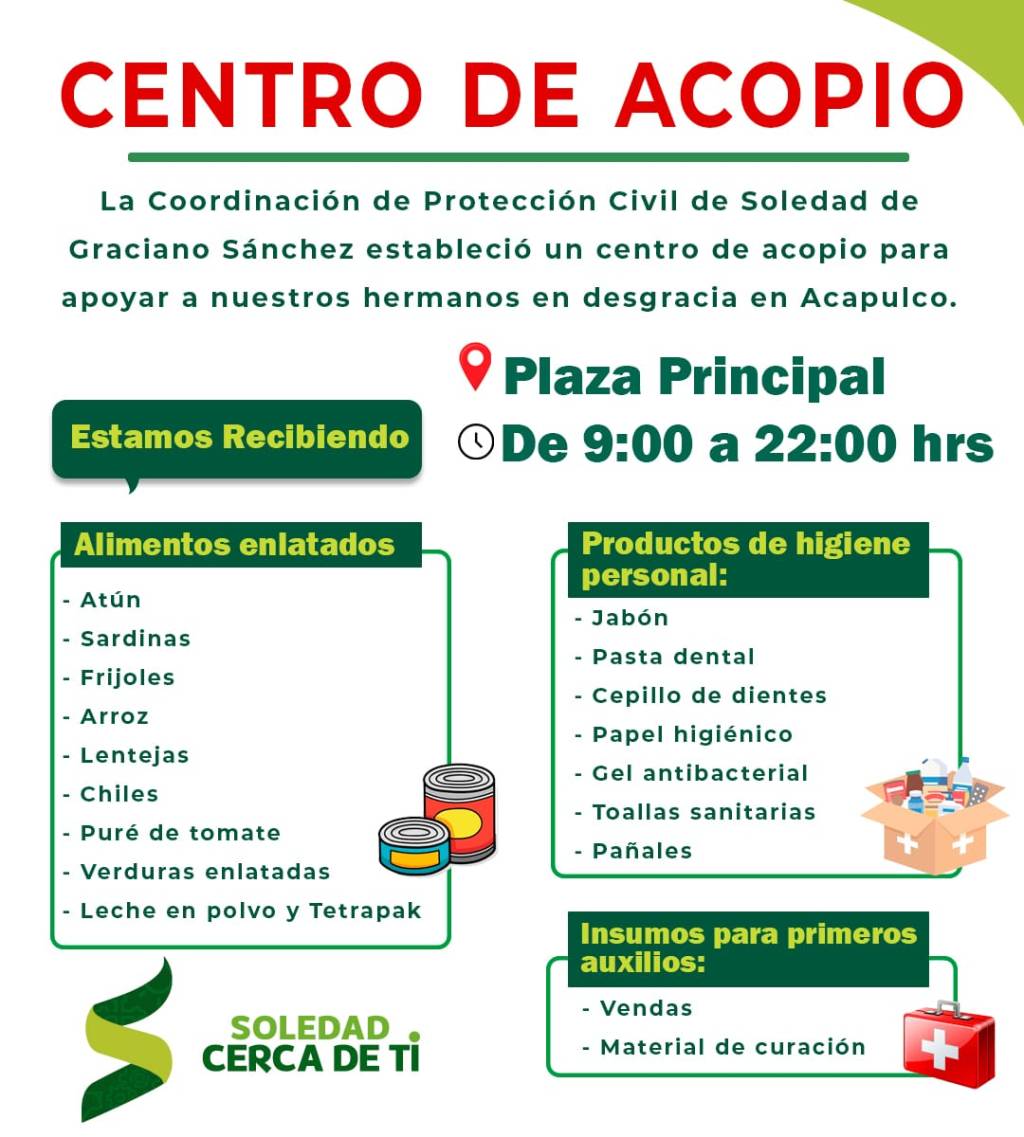 PROTECCIÓN CIVIL DE SOLEDAD HABILITA CENTRO DE ACOPIO PARA DAMNIFICADOS EN&nbsp;ACAPULCO