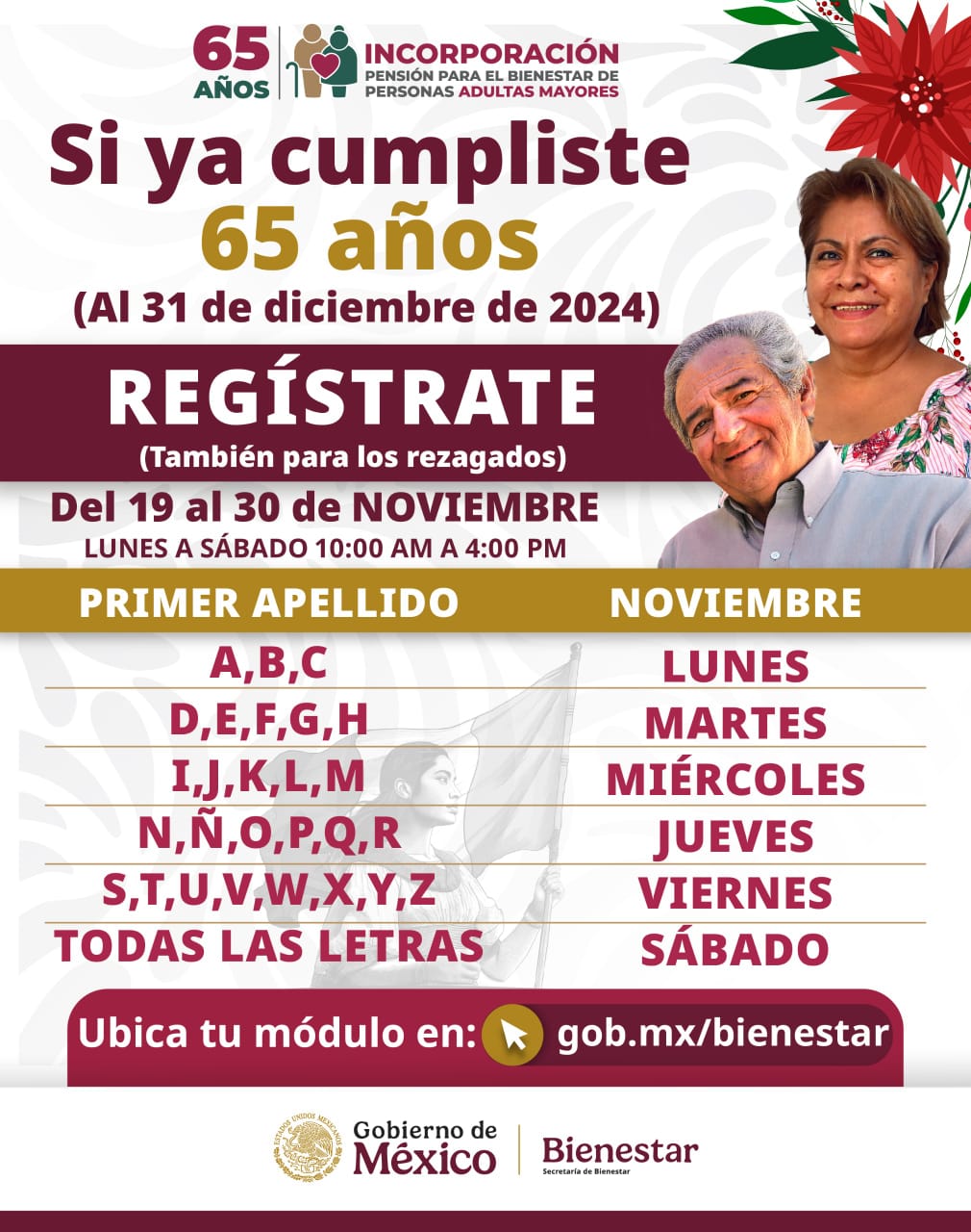 En SLP  del 19 al 30 de noviembre se lleva a cabo el registro a la Pensión para el Bienestar de las Personas Adultas Mayores que cumplieron o cumplen 65 años o más al 31 de&nbsp;diciembre