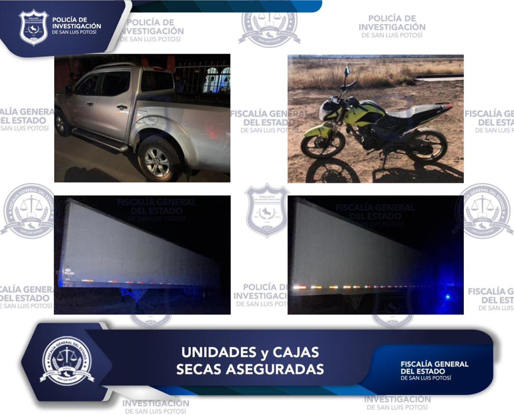 ASEGURA PDI POTOSINA DOS CAJAS SECAS, UNA CAMIONETA Y UNA MOTOCICLETA POR CONTAR CON REPORTE DE ROBO