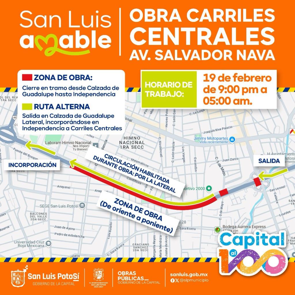 Este miércoles, Gobierno de la Capital implementa cierres nocturnos en Salvador Nava, por trabajos de rehabilitación&nbsp;vial