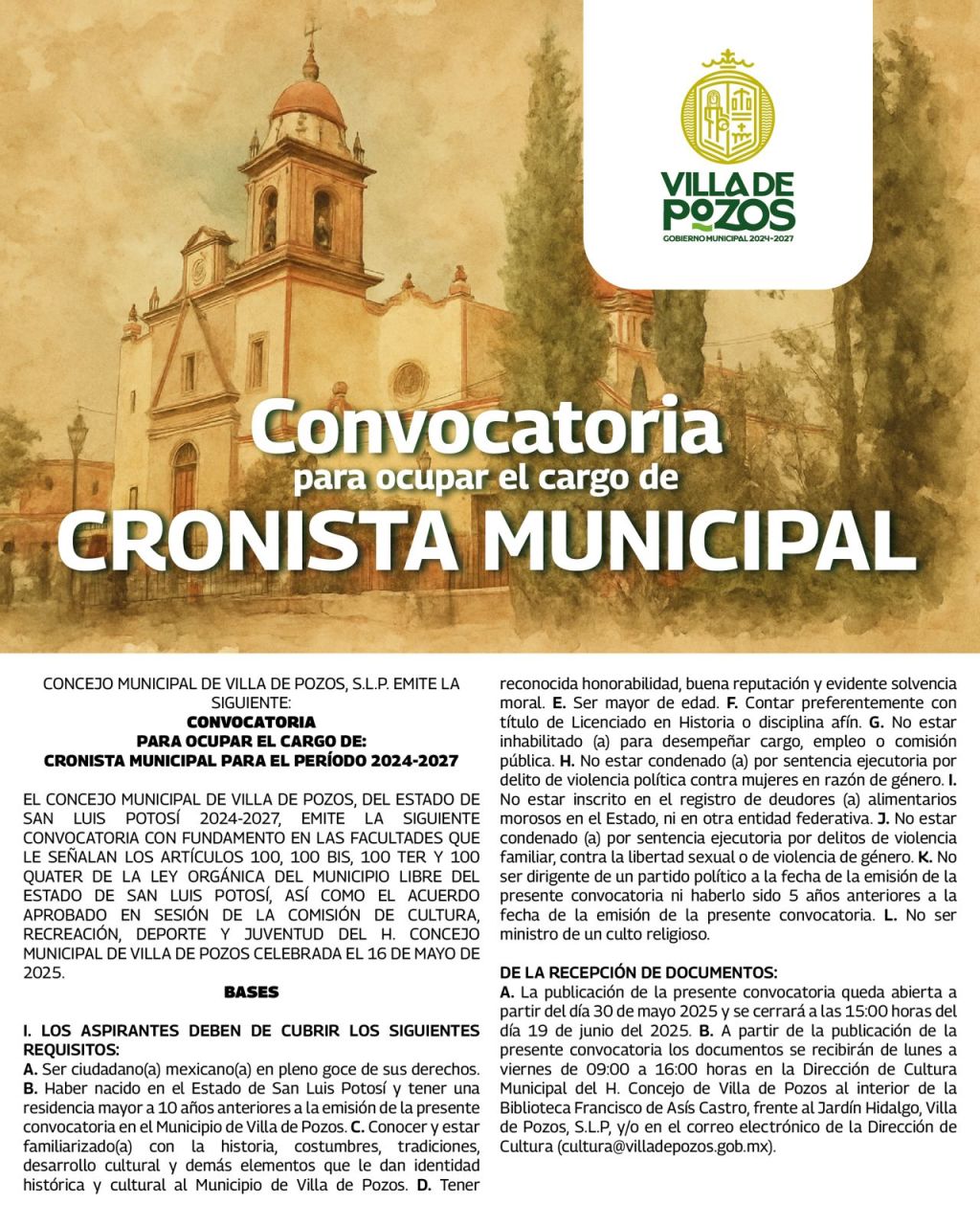 VILLA DE POZOS EMITE CONVOCATORIA PARA ELEGIR CRONISTA MUNICIPAL&nbsp;2024-2027