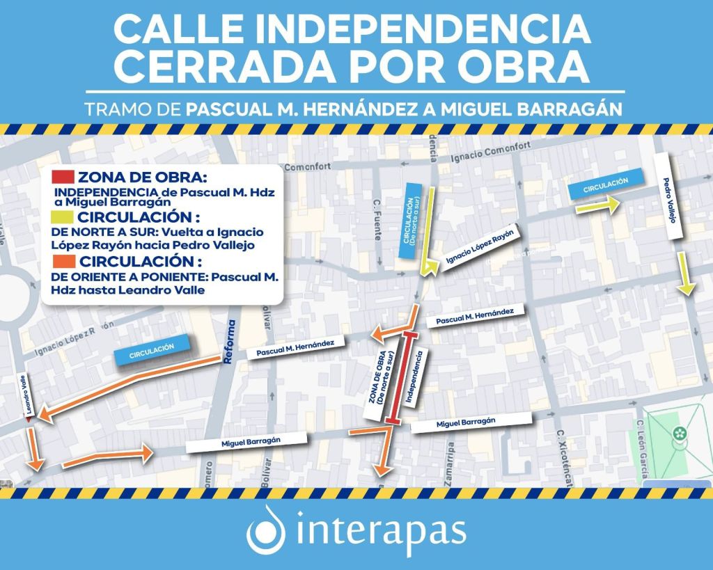 Interapas interviene líneas agua y drenaje en la calle Independencia; se implementan cierres viales y rutas&nbsp;alternas
