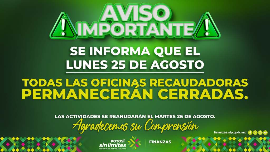 OFICINAS RECAUDADORAS PERMANECERÁN CERRADAS EL LUNES 25 DE&nbsp;AGOSTO