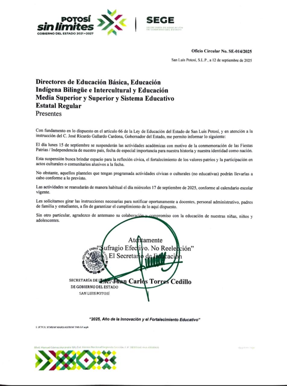 GOBIERNO ANUNCIA SUSPENSIÓN DE CLASES EL 15 DE SEPTIEMBRE