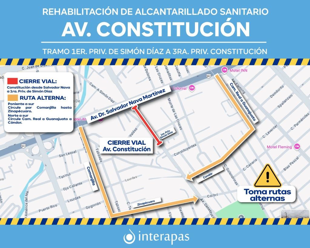 Amplían cierre vial por rehabilitación sanitaria de Interapas en avenida&nbsp;Constitución