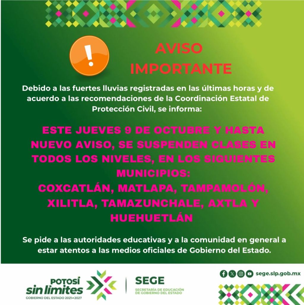 SE SUSPENDEN CLASES EN DISTINTOS MUNICIPIOS POR FUERTES&nbsp;LLUVIAS