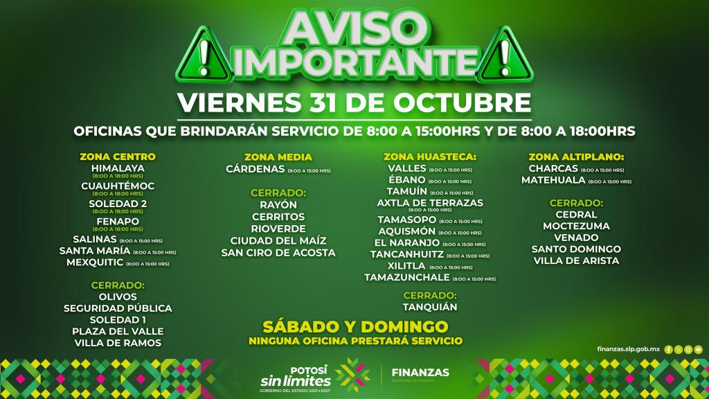 OFICINAS RECAUDADORAS BRINDARÁN SERVICIO EL VIERNES 31 DE&nbsp;OCTUBRE