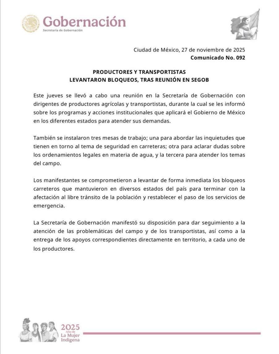 Productores y transportistas levantaron bloqueos, tras reunión en Segob