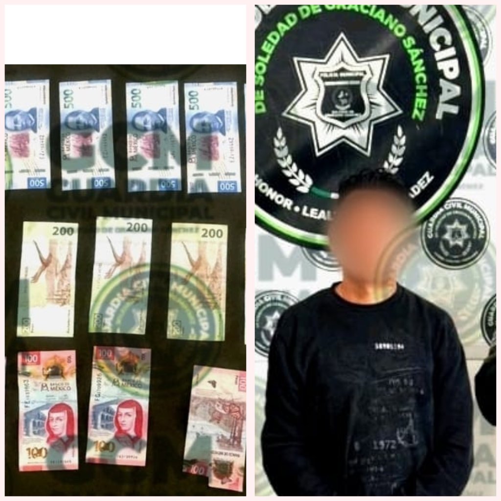 POR POSESIÓN DE BILLETES FALSOS Y COHECHO, GUARDIA CIVIL DE SOLEDAD DETIENE A SUJETO EN LA COLONIA PUERTA&nbsp;REAL