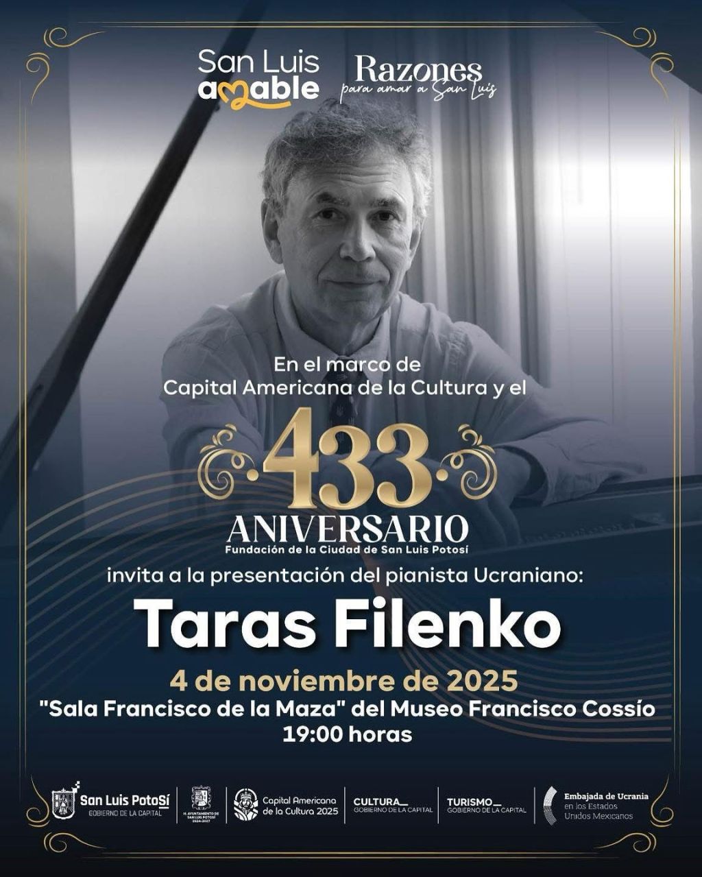 El pianista ucraniano Taras Filenko se presentará en San Luis Potosí en el marco del 433 aniversario de la&nbsp;ciudad
