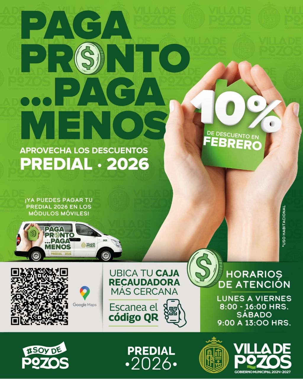 CONTINÚA DESCUENTO DEL 10% EN EL PAGO DEL PREDIAL EN VILLA DE&nbsp;POZOS