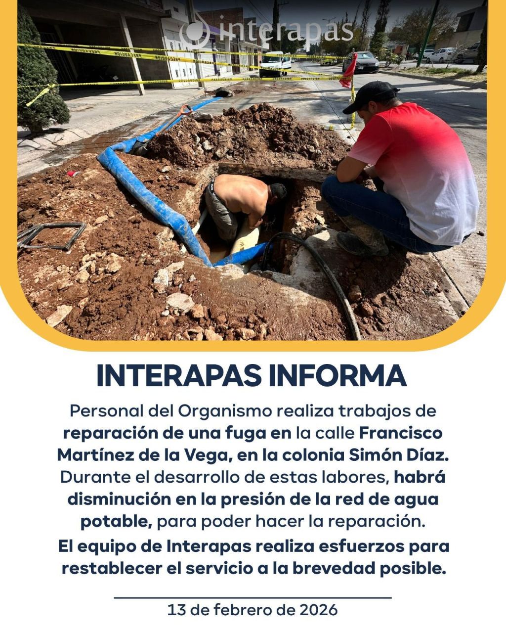 Interapas interviene fuga de gran tamaño en calle Martínez de la Vega en la Simón&nbsp;Díaz