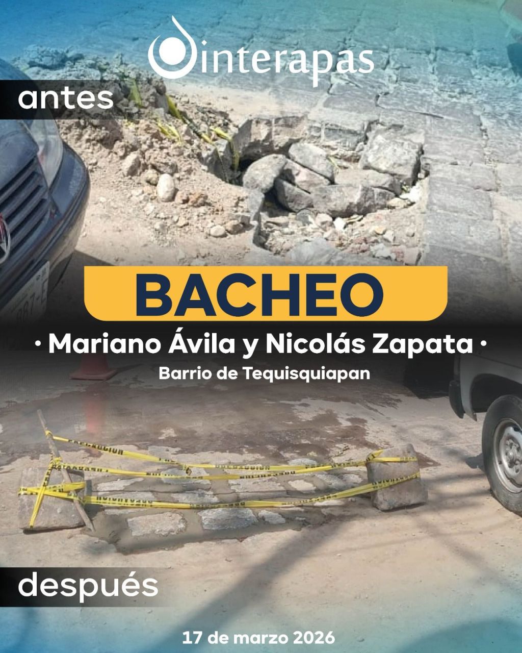 INTERAPAS restituye adoquín en Mariano Ávila tras reparación de&nbsp;fuga