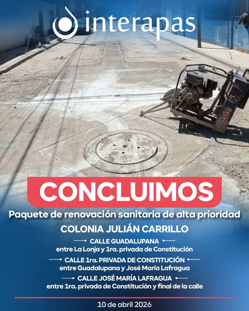 Interapas concluye rehabilitación sanitaria en circuito de calles de Julián Carrillo