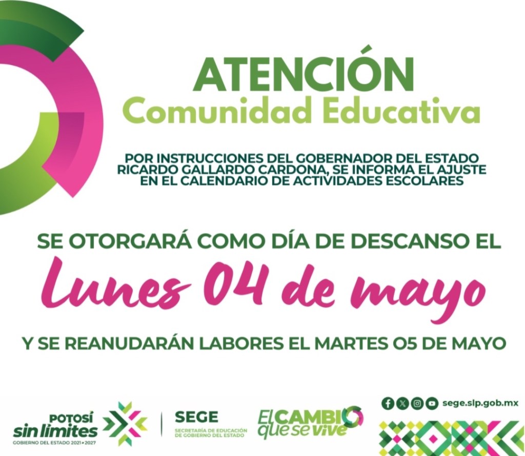 GOBIERNO ESTATAL ANUNCIA CAMBIO DE DÍA DE DESCANSO EN BENEFICIO DE LA COMUNIDAD&nbsp;EDUCATIVA