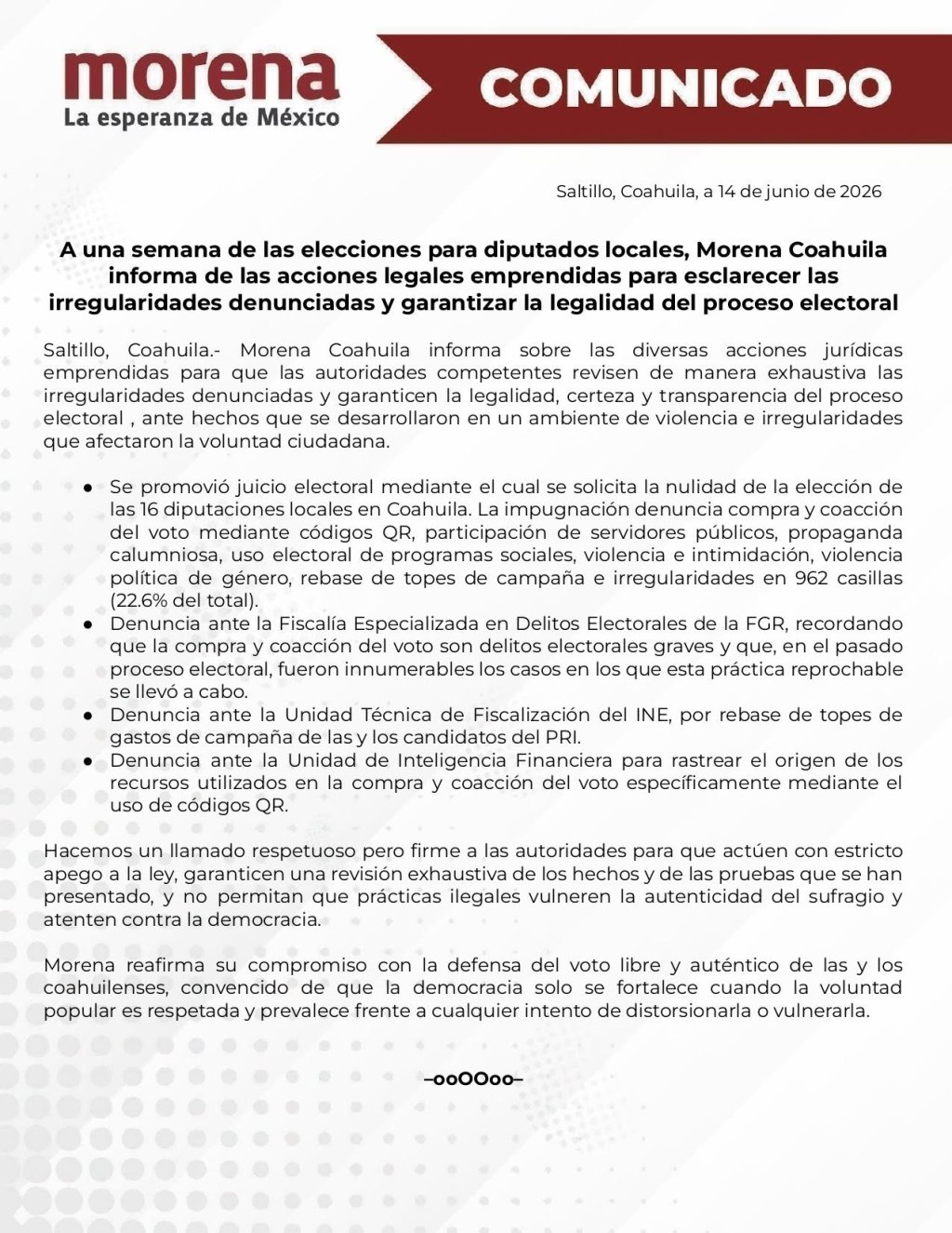 Morena Coahuila impugna elecciones legislativas y exige la nulidad por presuntas&nbsp;irregularidades