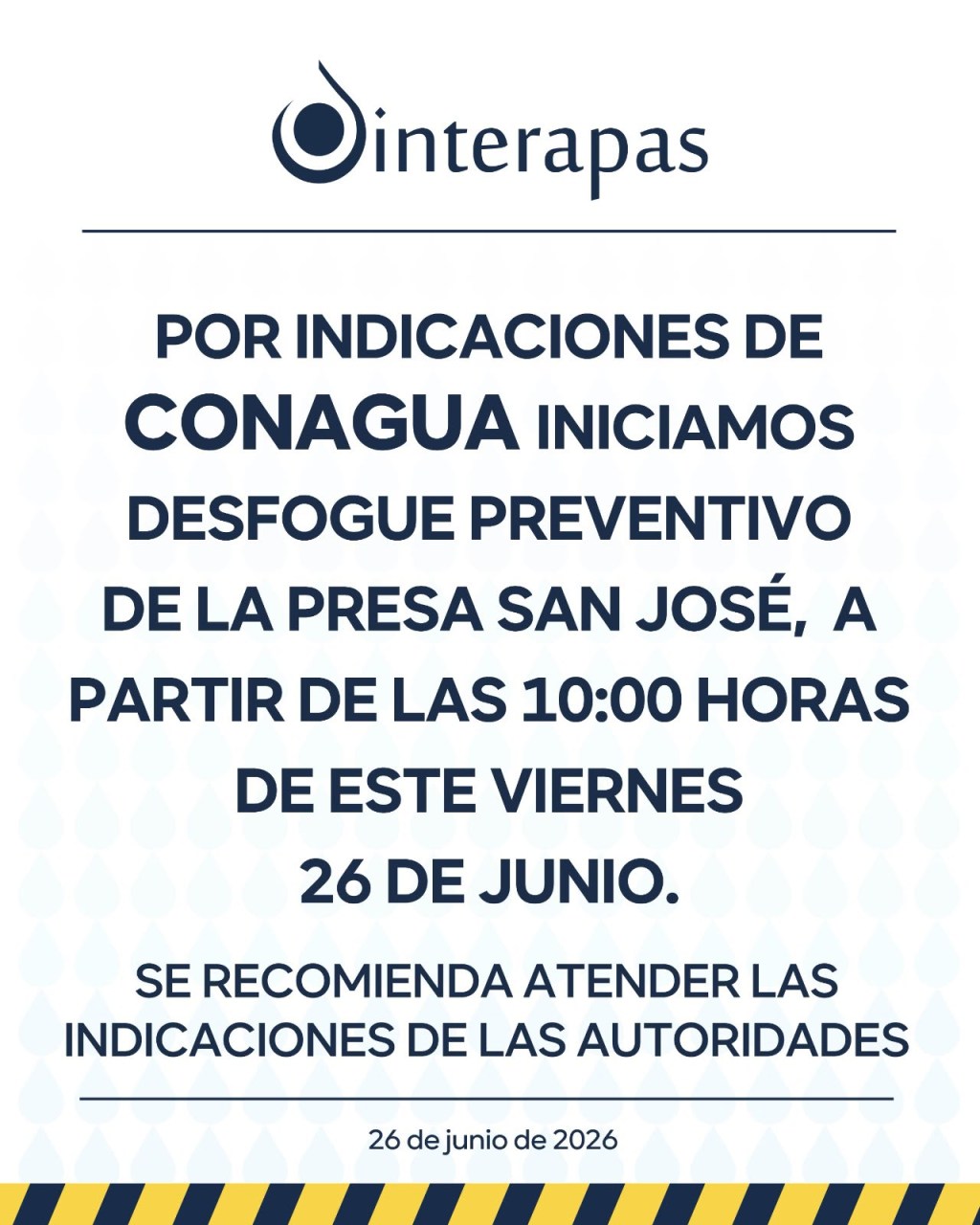 Desfogue preventivo de la presa San José iniciará este&nbsp;viernes