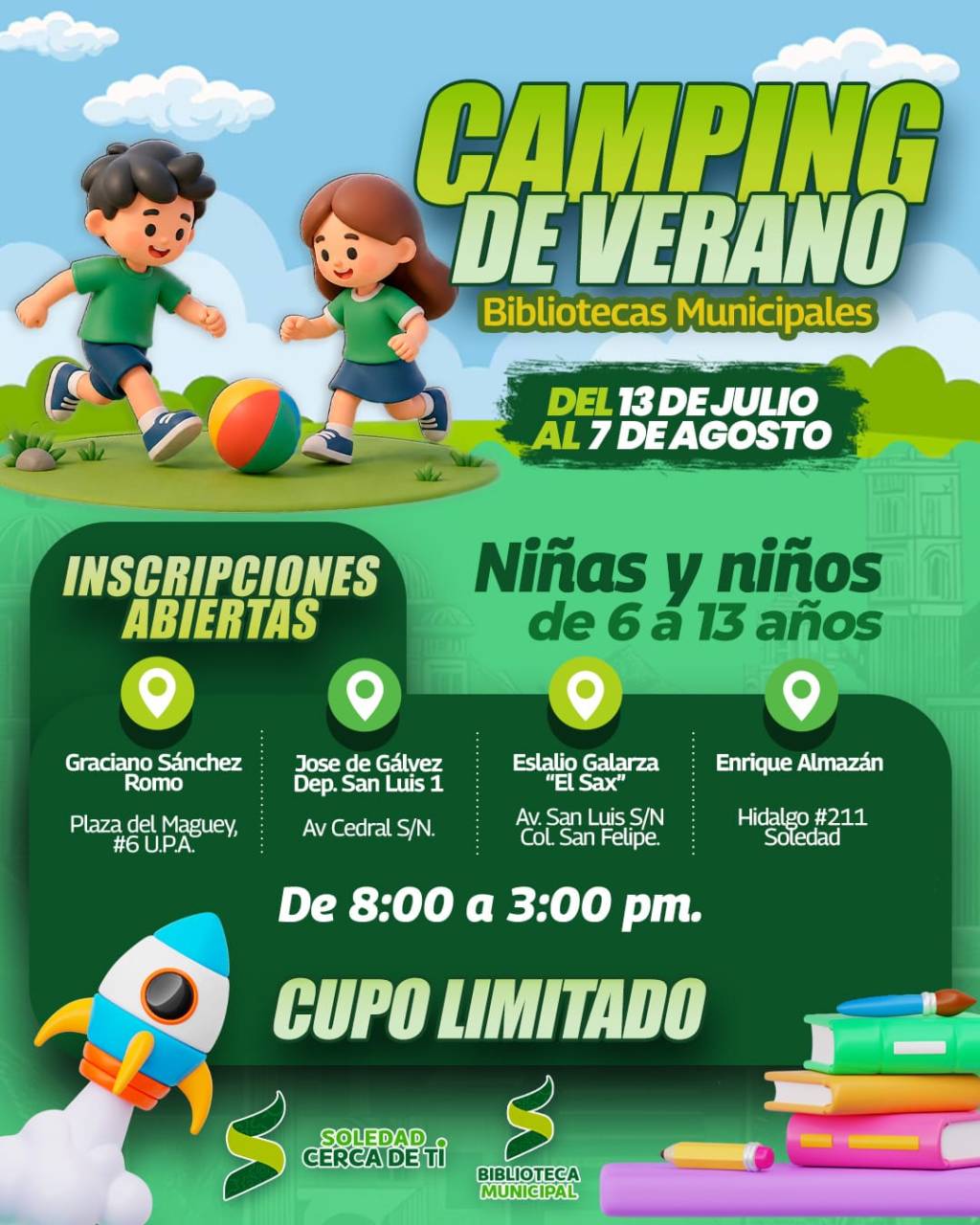 BIBLIOTECAS MUNICIPALES DE SOLEDAD ABREN INSCRIPCIONES A CAMPING DE VERANO
