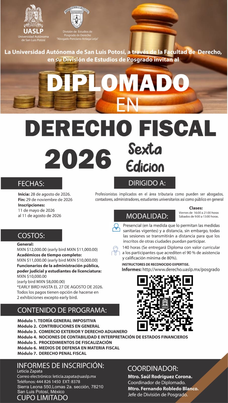 Facultad de Derecho de la UASLP abre convocatoria para la sexta edición del Diplomado en Derecho Fiscal