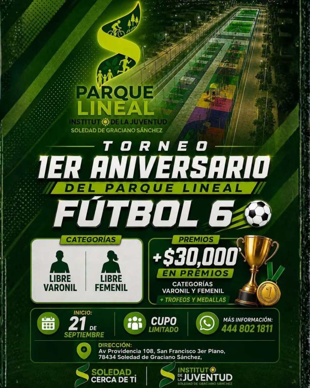 AYUNTAMIENTO DE SOLEDAD CELEBRA ANIVERSARIO DEL PARQUE LINEAL CON TORNEOS Y EN PREMIOS EN EFECTIVO 
