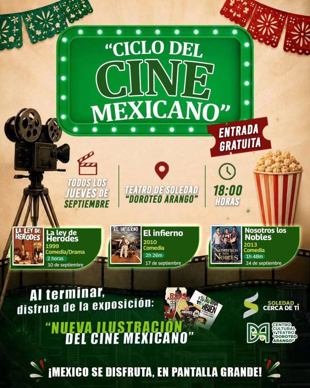 TODOS LOS JUEVES DE SEPTIEMBRE, CINE MEXICANO GRATUITO LLEGA AL TEATRO «DOROTEO ARANGO»