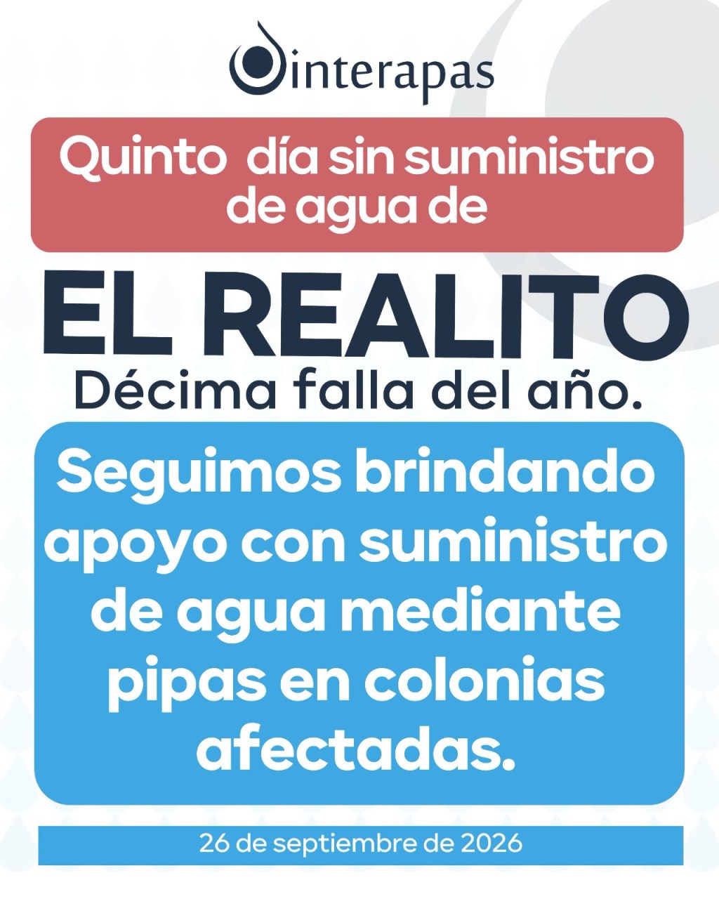 Continúa sin llegar agua de El Realito; suma cinco días la décima falla del&nbsp;año
