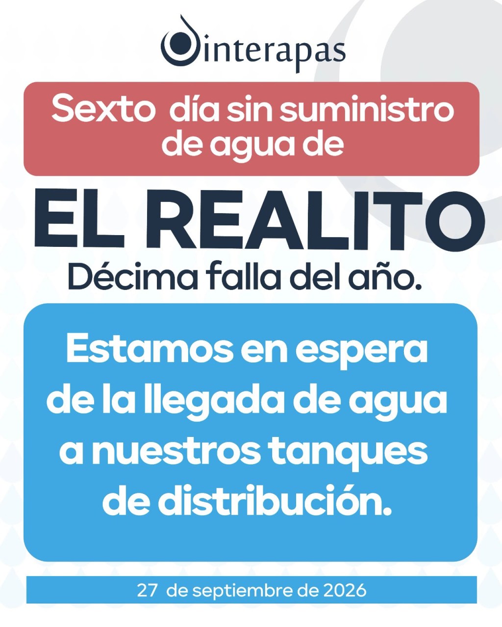 En el sexto día de falla, continúa sin llegar agua de El Realito