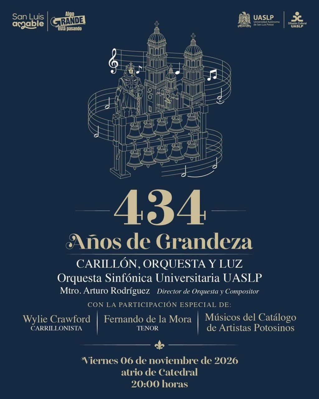 Gobierno de la Capital celebrará los 434 años de San Luis Potosí con un concierto de carillón, orquesta y luz