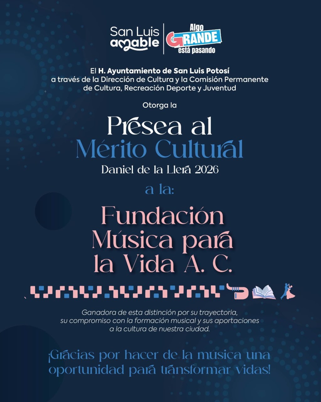 Fundación Música para la Vida A. C. recibirá la Presea al Mérito Cultural Daniel de la Llera 2026